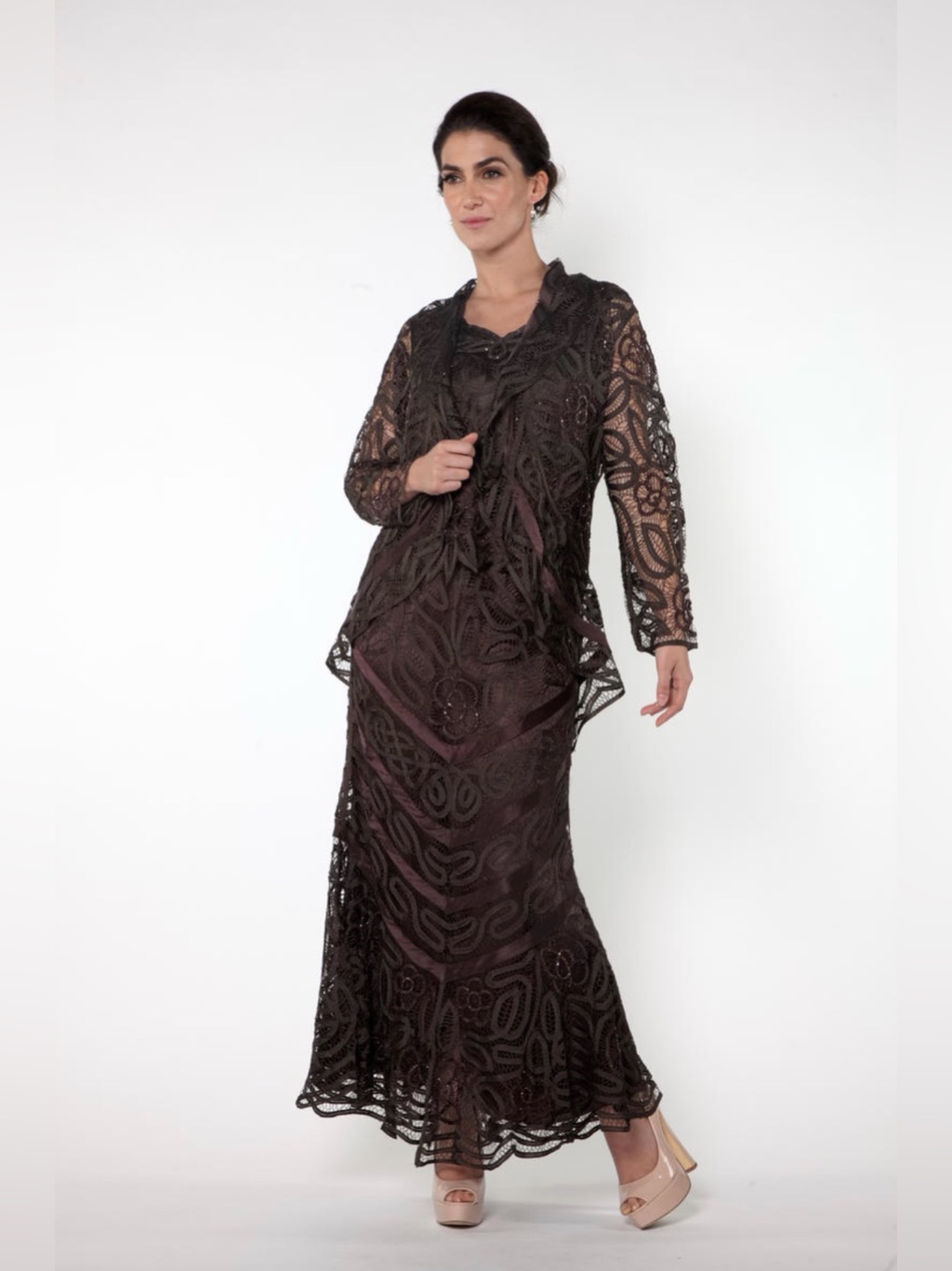 Soulmates Brown Lace Overlay Evening Dress With Jacket
